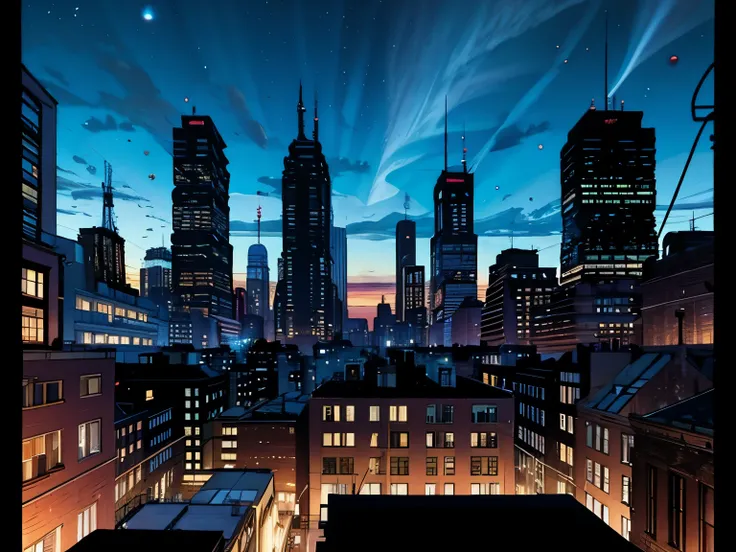 view of the city from a tall building roof, night time sky, comic style