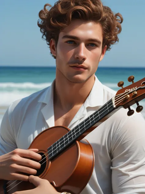 score_9, score_8_On top of that, (1 person), artwork, Highest quality, High resolution, Close-up portrait,Japanese men,Casual clothing with a white shirt,Wearing jeans, Longer hair styled in waves or curls,Holding a ukulele,Greek God, Fantasy, League of Le...
