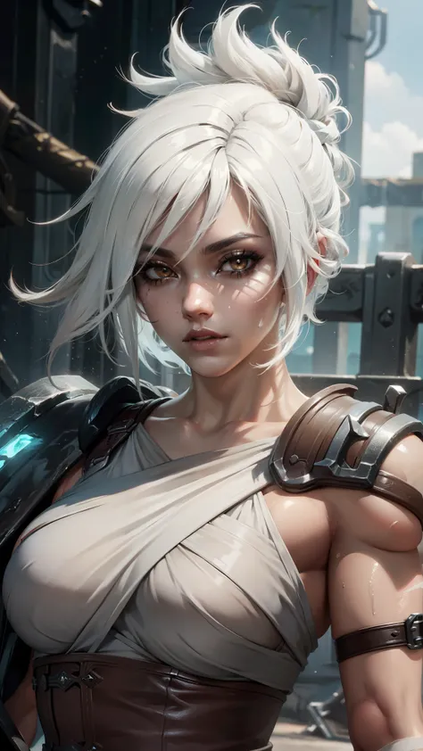 (Masterpiece:1.2), best quality, riven (league of legends), 1girl, sarashi, muscular female, abs, white hair, black eyeshadow, bare shoulders, upper body, potrait, 4k, 8k