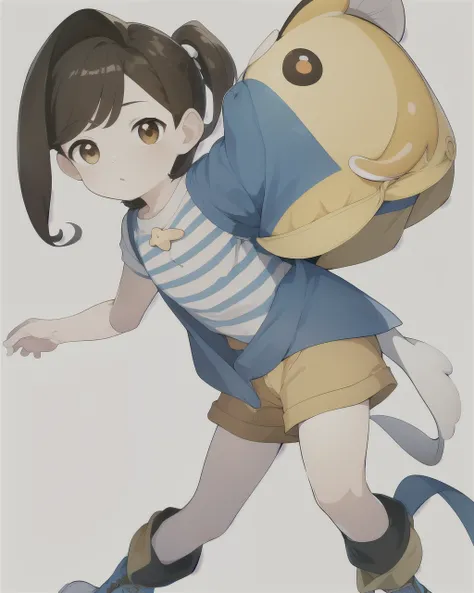 masterpiece, best quality, looking at viewer, full body, simple background, white background, androgynous, dark brown hair in a mullet, short yellow jacket, star, dumbo octopus, blue and white striped shirt, cargo shorts, hiking boots