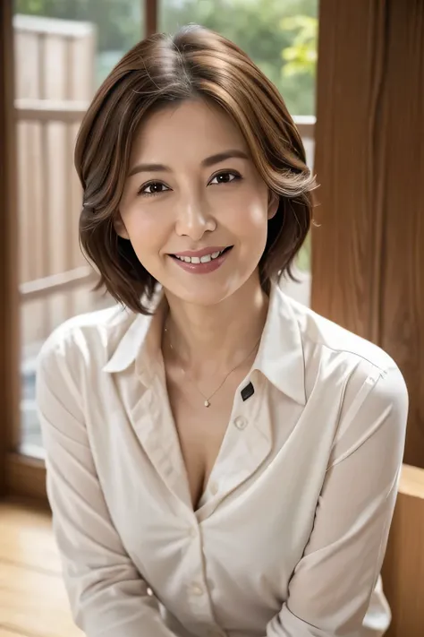 8K, Highest quality, masterpiece, Realistic, Realistic, Very detailed, Natural light, 1 Japanese female, 40 years old, Slightly brown-haired, short hair, White shirt, (Lean forward to look into the camera), Detailed bending forward, Underwear and shirt, , ...