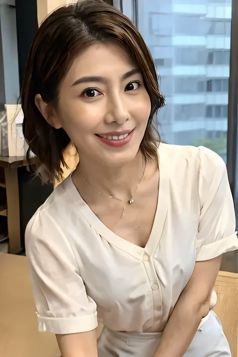 8K, Highest quality, masterpiece, Realistic, Realistic, Very detailed, Natural light, 1 Japanese female, 40 years old, Slightly brown-haired, short hair, White shirt, (Leaning forward to look into the floor camera), Detailed bending forward, Underwear and ...