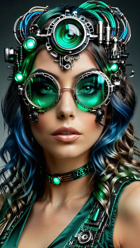 Un portrait hyperréaliste d’une sublime femme heureuse aux longs cheveux vert sombre foncé, portant une robe en dentelle blanche avec des accessoires steampunk, (elle porte des lunettes formées déléments circuitrytech : 1.8, ((lunettes de forme fractales a...