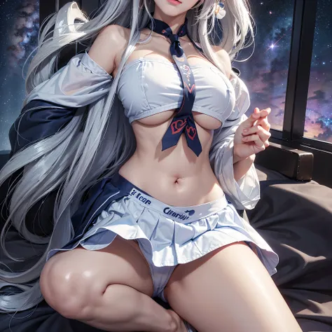 Blonde gray hair, Straight hair, Spread hair, Long hair, PUPILS SPARKLING, long eyelashes, blue eyes, makeup, Smile, Color Field Painting, Contemporary art,double whirlwind pattern design garment，Iris heterochromatic pupil，((girl with silver ponytail))((of...