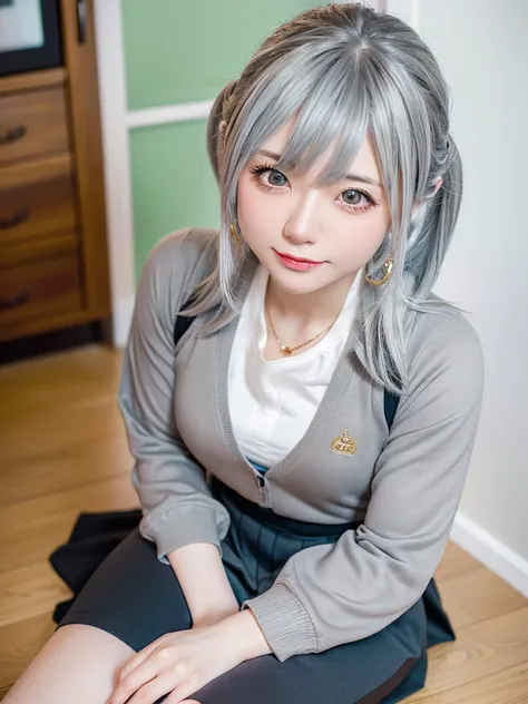 8K, RAW Photos, Fujifilm, Beautiful 20 year old woman style photo, (((Gray Hair:1.3,美しいGray Hairのストレートヘアー、シルキーなGray Hair)))、(((Anime Cosplay:1.5、sexyな服))) Gold earrings, (Highly detailed skin: 1.2), Light medium brown hair, Film Grain, 35mm, Cute Style、(((...