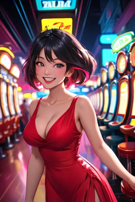 Masterpiece, best quality, 1 dealer girl, alone, look at viewer, chest, mature woman, collarbone, Random hairstyle and hair color,cyberpunk, neon light, In the building, Casino, Random dress, depth of field, playful mood,Big smile,The model is not in the c...