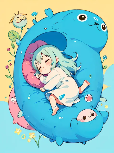 Hayao Miyazaki style、Kawaii Design, The most beautiful girl of all time、chibi,, Cute and colorful amoeba, nap, トトロの森