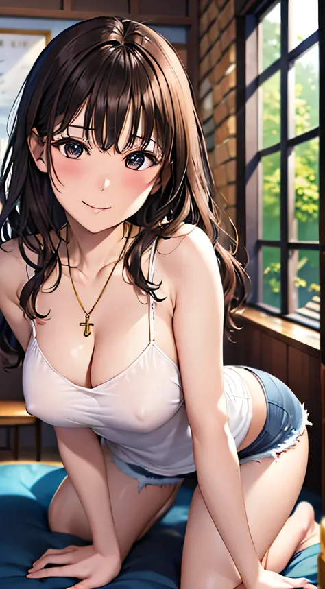 ((Tabletop, Highest quality, High resolution, , Pixel Perfect, 4K,))), 1 female, 、The whole body is visible、 ((Long Wavy Hair, bangs, Brown Hair)), ((Brown eyes, Beautiful eyelashes, Realistic eyes)), ((Detailed face, Blushing:1.2)), ((Smooth texture:0.75,...