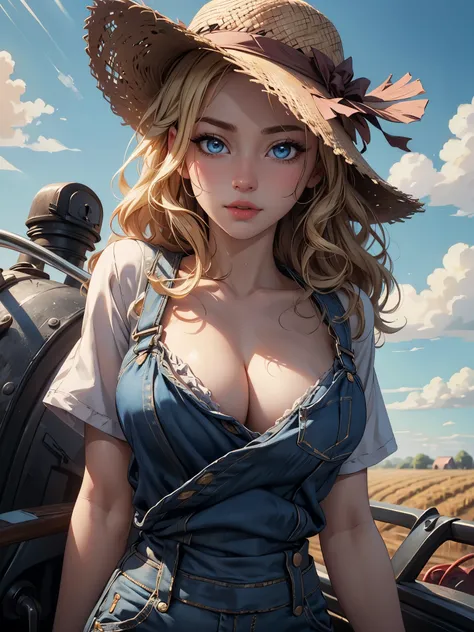 (an oil painting)、cowboy  shot、realisitic、top-quality、​masterpiece、realisitic、(Farm theme:0.9)、shinny eyes、Woman in overalls、white t-shirts、a straw fedora hat、gorgeous woman、a blond、hair wavy、de pele branca、cleavage of the breast、Blue eyeorning glow、Seduct...