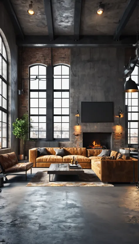 Dark living room loft with fireplace, industrial style, 3d render,design, apartment, indoor, luxury, modern, fireplace, furniture, living room, sofa, window, interior, concrete, table, contemporary, industrial, loft, rustic, home, industry, dark, nobody, s...