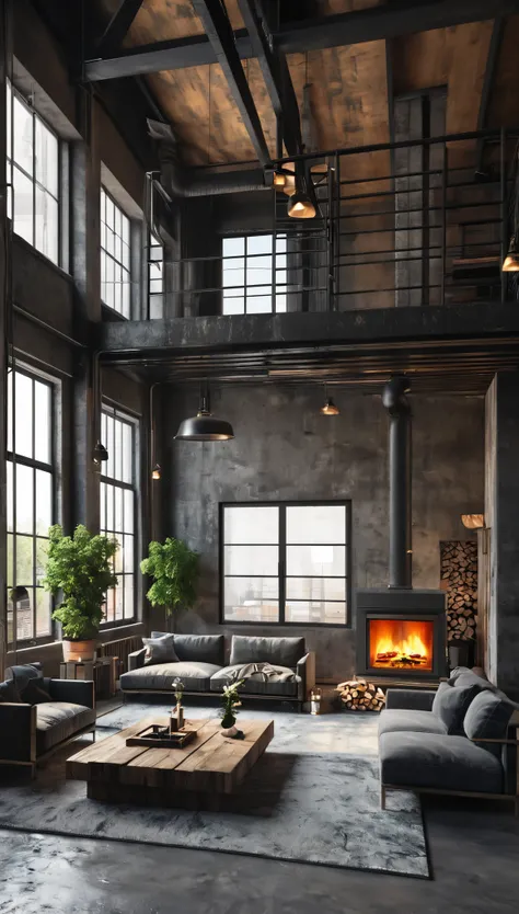 Dark living room loft with fireplace, industrial style, 3d render,design, apartment, indoor, luxury, modern, fireplace, furniture, living room, sofa, window, interior, concrete, table, contemporary, industrial, loft, rustic, home, industry, dark, nobody, s...