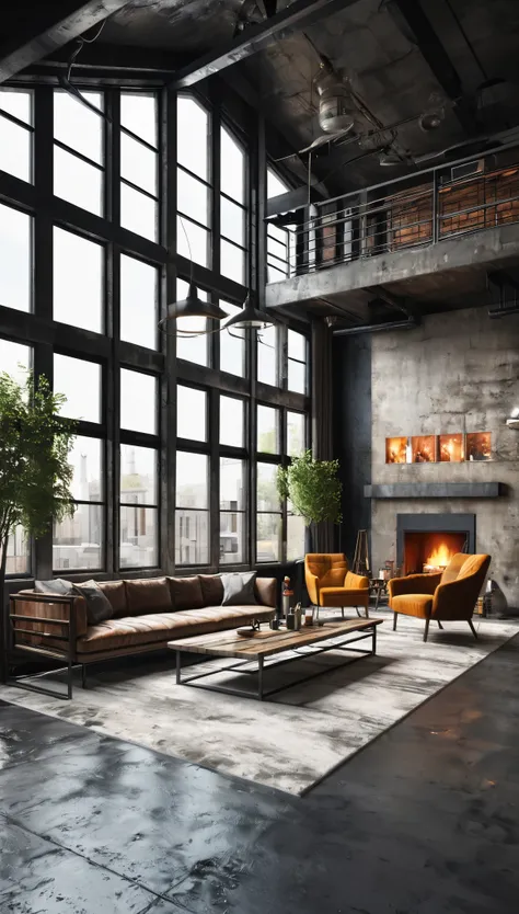 Dark living room loft with fireplace, industrial style, 3d render,design, apartment, indoor, luxury, modern, fireplace, furniture, living room, sofa, window, interior, concrete, table, contemporary, industrial, loft, rustic, home, industry, dark, nobody, s...