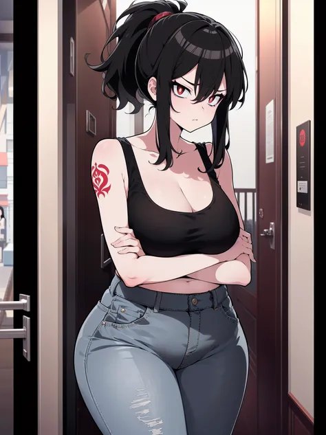 (cowboy shot), (ultra-high resolution, depth of field:1.2), 1woman, mature, plump, (black hair), short messy hair, ponytail, (re...