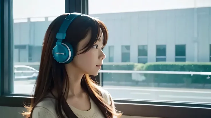  screenshot from the アニメ film,There is a woman wearing headphones standing in front of the window., I&#39;m facing the window, Wearing headphones, Listen to reverent music,Back view, Modern Wearing Headphones, Promotional Images, Lofi art style, Outside th...