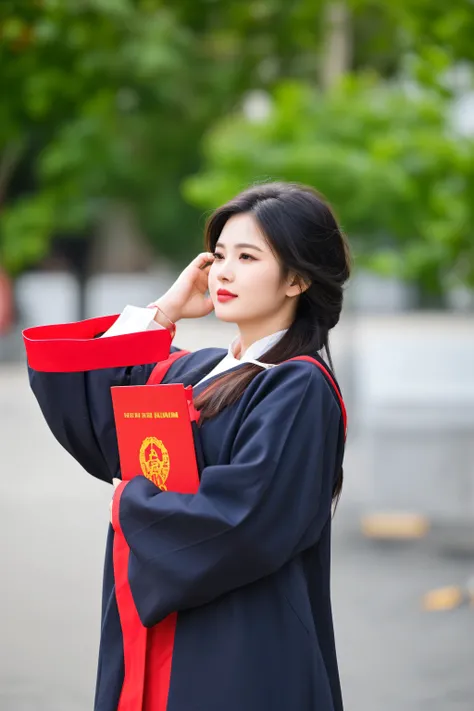 woman in graduation gown holding a red book and talking on a cell phone, wearing an academic gown, ao dai, graduation photo, chinese girl, vietnamese woman, chinese woman, a young asian woman, wearing red robes, wearing black robe, student, wearing robes a...