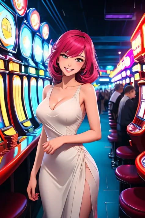 Masterpiece, best quality, 1 dealer girl, alone, look at viewer, chest, mature woman, collarbone, Random hairstyle and hair color,cyberpunk, neon light, In the building, Casino, fashion dress, depth of field, Extremely happy expression, Gives you the feeli...