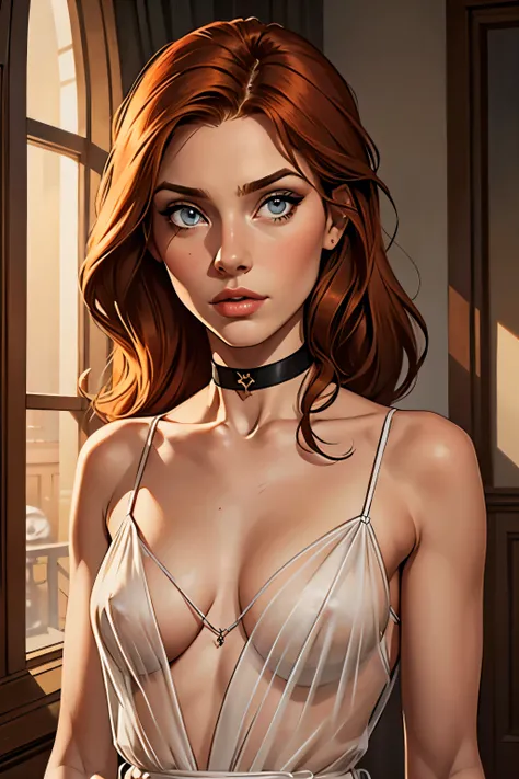 best qualityer, work of art, (realisitic: 1.2), 1 girl, slender girl, ginger hair, eyes browns, 3/4 view, face detailed, gorgeous eyes, eyes gray, eyes large, breasts small, choker, see through gown