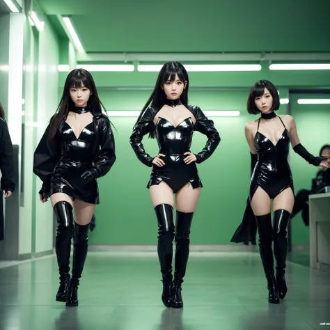 Three cute, beautiful Japanese girls are wearing super sexy black outfits. The camera angle is a full shot, so the characters whole bodies are in the shot. The characters are facing forward and trying to walk. The background is a single-colored green scree...