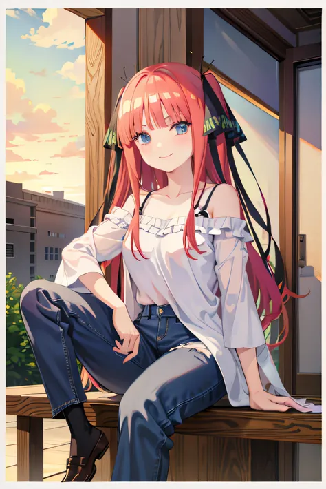 Best masterpiece, anime coloring, ultra-detail, 8k、((Sitting on the open corridor))、summer, morning, sun、White off-shoulder jeans with shorts、from below、looking down、smile