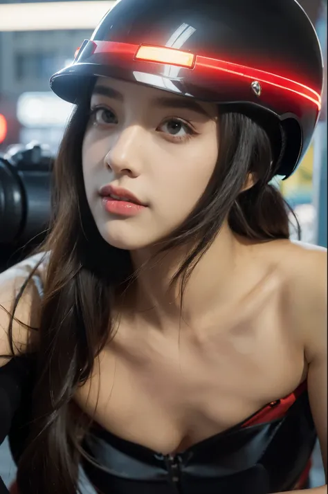 (((best quality))),(((ultra detailed))),(((masterpiece))),illustration,(1 beautiful girl,solo),((slim,thin)),((small breasts,flat chest)),(safety helmet:1.3),shoulder length straight bob hair,cyberpunk, urban street,high school student, JK outfit,(riding o...