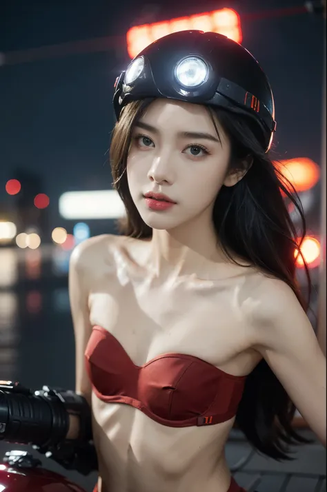 (((best quality))),(((ultra detailed))),(((masterpiece))),illustration,(1 beautiful girl,solo),((slim,thin)),((small breasts,flat chest)),(safety helmet:1.3),shoulder length straight bob hair,cyberpunk, urban street,high school student, JK outfit,(riding o...