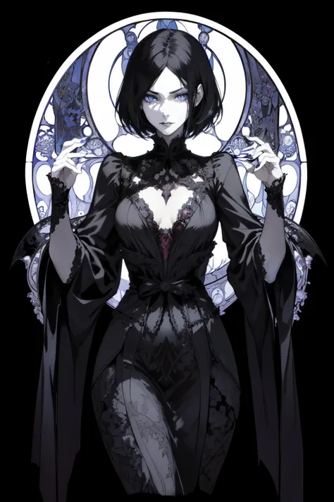 basic art nouveau style，black hair blue eyes vampire woman，short hair，（upper body portrait），young，(((oval face)))，dark clothes，s...