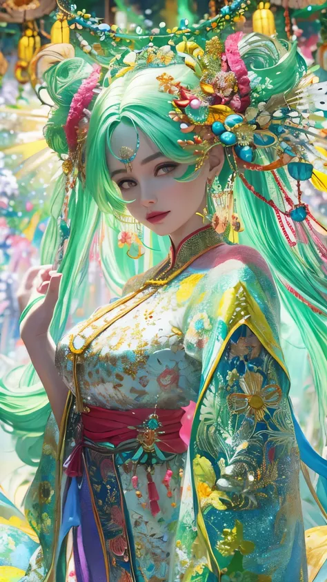 a beautiful woman in a traditional Chinese Tang suit, long luminous hair with hair accessories, luminous earrings and glow necklace, wearing transparent cyberpunk-style clothes, surrounded by rainbow colors, detailed face, intricate embroidery, cinematic l...