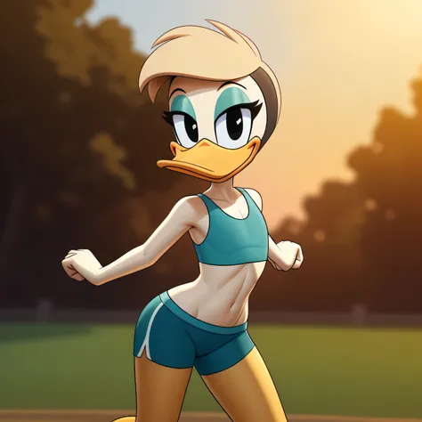 photorealism, duck, betsy duck, detailed background, outside, eyeshadow, tan hairstyle, cartoon, (flat chested), (yellow legs: 1...