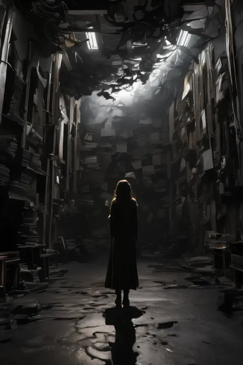 (best quality, masterpiece, 1girl, dark world, black wall, stacking small white boxes, focused, highly detailed, dramatic lighti...