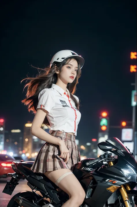 (((best quality))),(((ultra detailed))),(((masterpiece))),illustration,(1 beautiful girl,solo),((slim,thin)),((small breasts,flat chest)),(safety helmet:1.3),shoulder length straight hair,slender legs,cyberpunk, urban street,high school student, JK outfit,...