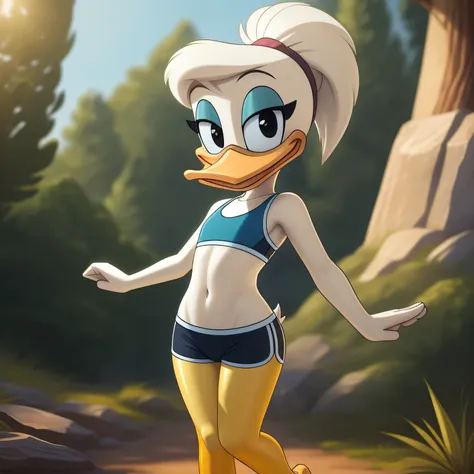 photorealism, duck, lucie duck, detailed background, outside, eyeshadow, cyan ponytail hairstyle, cartoon, (flat chested), (yell...