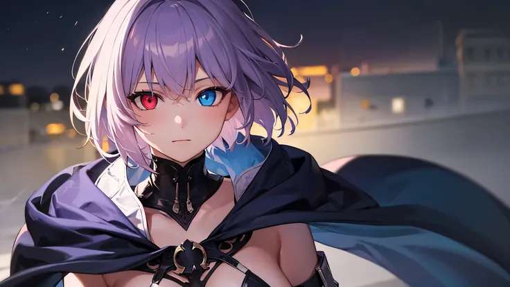 Highest quality, 8K, 4K, High resolution, (Beautifully detailed face), High Contrast,1girl,only,short hair,purple hair,heterochromia(red eyes,blue eyes),Upper Eye,Moderately sized breasts,night,,leotard,Cape,The clothes are mainly black