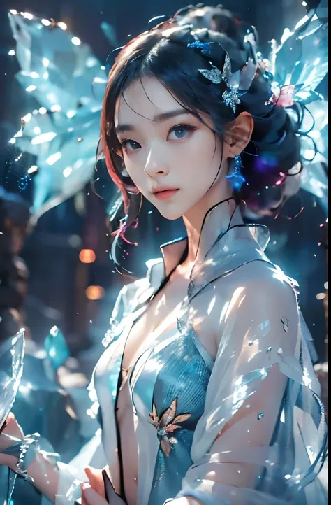 (((1 girl)))，dynamic poses，（Crystal dress：1.5），（magic circle：1.2），magic circle，blue concentric circles，ice crystals，concentric circles of frost，(((icicle)))，Ice mist，Ice particle effects，（Ice butterfly：1.2），Amazing results，,best quality,masterpiece,ultra h...