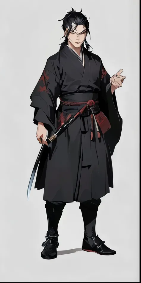 A caricature，The painting shows a man wearing black clothes、man holding sword, Inspired by the, The handsome guy in Demon Slayer, Traditional Japanese concept art, Dressed in ancient warrior, Samurai costume, Wearing a flowing robe, Inspired by Kano Sanle,...