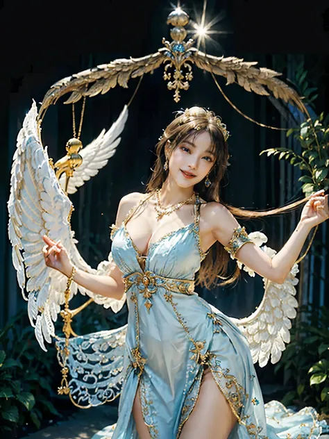 ((Very beautiful angel queen,The final form as a perfect angel, the masterpiece of an angel,Huge and intricate angel wings,The most dignified wings,Golden light,shining background,The most opulent and holy temple background,White and gold temple background...