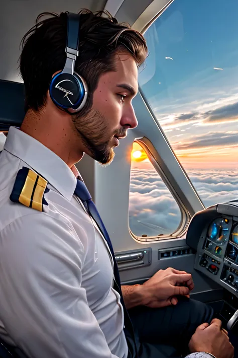 Two  commercial man pilot in aircraft and controlling staring  and out of the window there are clouds and sunset  . One of them receive incoming call in his iphone 15 pro max .  Pilot wearing a headphone. He has no beard and clean shave.


