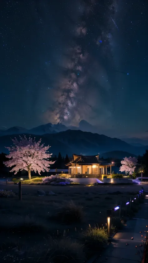 cherry blossoms,grassland,night,milky way,landscape