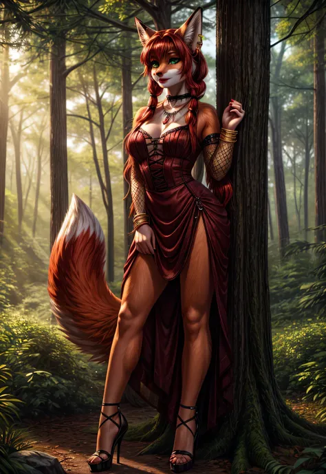 UHD 8k, HDR+, cute anthro female fox with a necklace, large piercing green eyes, huge earrings, giant earrings, with redheads pigtails, gold bracelets on the arms, fluffy fox red tail, High heels, Green gothic dress, Against the background of the forest, d...
