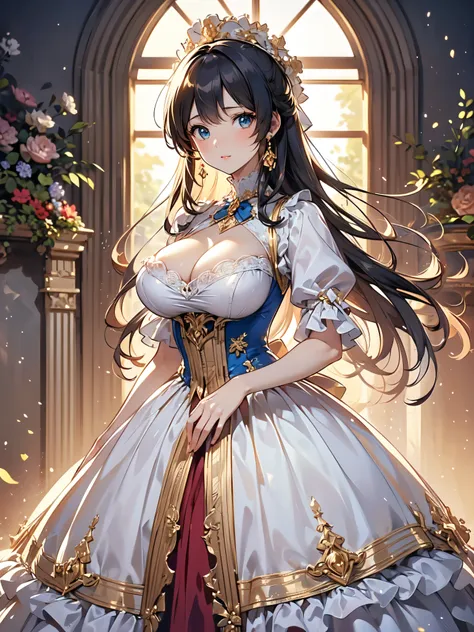 (((ultra gorgeous beautiful dress is rococo victorian gown with hoopskirt and long hems))), (solo lady :1.2:huge breasts:1.2), (...