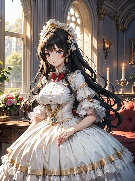 (((Ultra gorgeous beautiful dress is rococo victorian gown with hoopskirt and long hems))), (solo lady :1.2:huge breasts:1.2), (Expressive hair:1.1:very voluminous and very long hair:1.1), bangs, (cowboy shot:1.1), (super delicate face:1.3:masterpiece:1.3:...