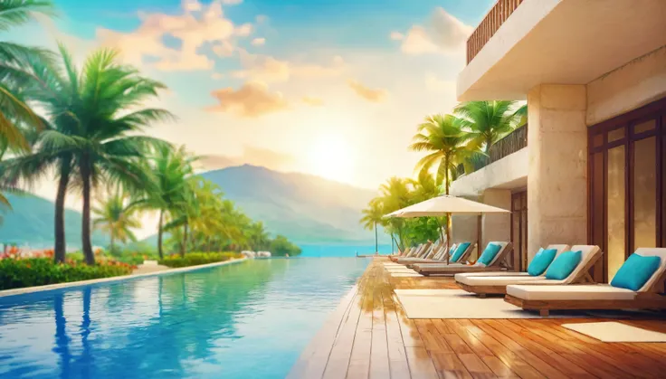 Resort hotels,Pool,Summer sky,noon,Blur the background,Glitter effect,Highest quality, 8K, High resolution, masterpiece:1.2, Very detailed, Realistic:1.37, High resolution, 超High resolution, Ultra-fine painting, Very detailed, Professional, Vibrant colors