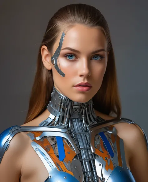 A cyborg girl stands in the center of a large bright studio and is engaged in creating her self-portrait on canvas. She is depicted in all her majestic beauty and elegance. Her metallic skin reflects the light, creating a play of hues and highlights like a...