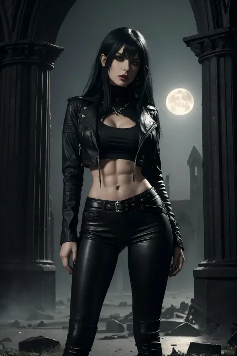 gothic rock woman long black hair with bangs, thin waist, thick thighs, big breasts, six pack abs, toned legs, biceped, leather ...