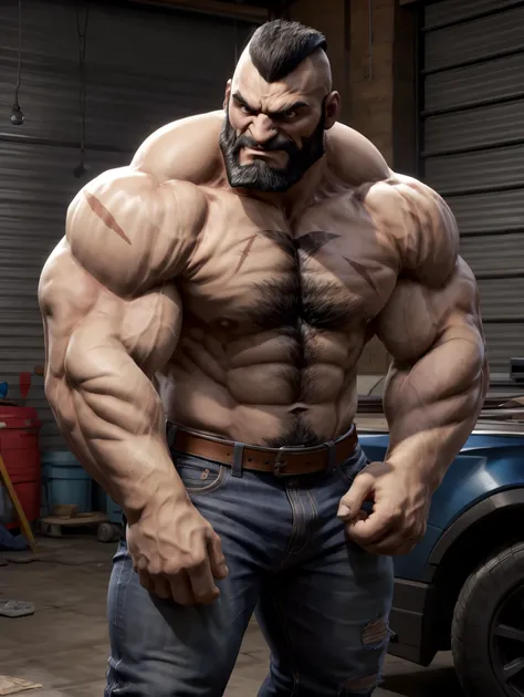 upper body, ultra realistic, unreal engine 5, anatomically correct, mature male, zangief, thick eyebrows, black mohawk, brown eyes, raised eyebrow, beard, muscular, bara, scar, tank top, jeans, smirk, garage, 