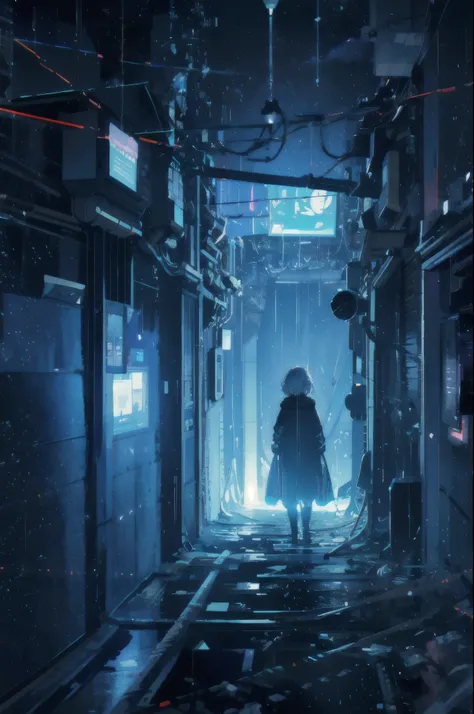 alone girl, city at night, rain, large room, looking up, night, moon, plants, starry sky, stars, night sky, constellation, dynamic, landscape, moon, Ultra HD, different dimension, clouds, 8k quality, dark room Long shot scenic professional photo hologram, ...