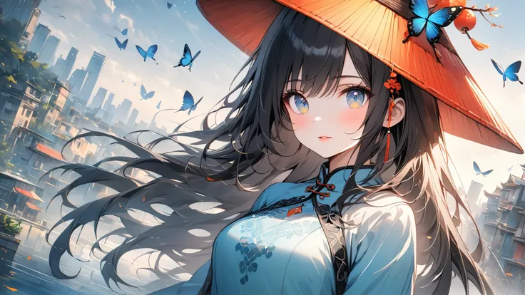 beautiful detailed eyes, beautiful detailed lips, extremely detailed eyes and face, longeyelashes, 1girl, ao dai, conical hat, Pale sky blue color, cute, black hair, long hair, butterflies flying around, vietnam cityscape background, wallpaper, best qualit...