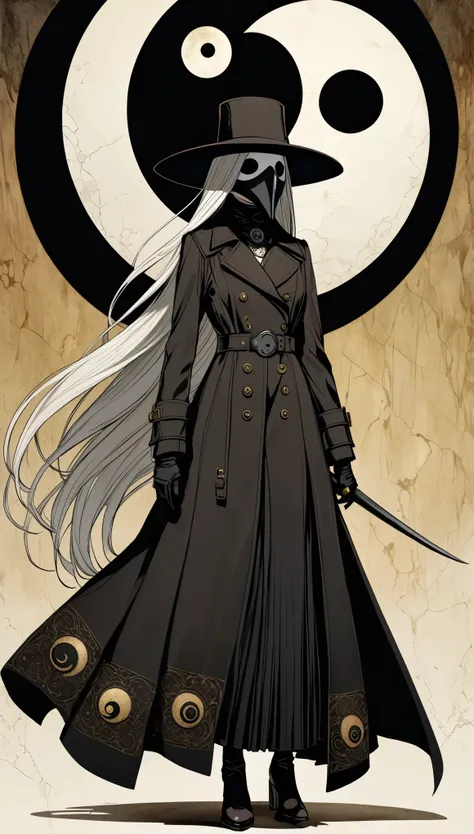 (in style of John Bauer:0.5),in style of Santiago Caruso,
((masterpiece, best quality)),(illustration),(detailedLight),(Extremely exquisite and beautiful:1.4),1 Girl,plague_doctor_mask,Black long trench coat,(yin_yang_print:1.4),Long hair,Silver long hair,...