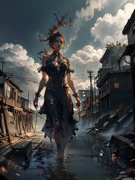 A handsome man, with wings, flying above the sky, visual effect, a man is carrying a woman wearing cloth, in both hands, with the background, a destroyed city, which is filled with murky water, and debris, flowing fast, like tsunami, realistic 3D art. [8K,...