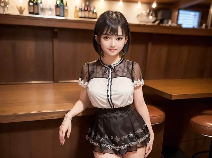 (Highest quality, masterpiece, Ultra-high resolution, 8K, RAW Photos, Realistic, Anatomically correct:1.5), 20-year-old girl:1.2, Embarrassing, avert your eyes, blush:1.0, View Viewer, ((Bar Lounge)) 、Night view、 Light:1.2, Bokeh, Cinema Lighting:1.0, Dept...