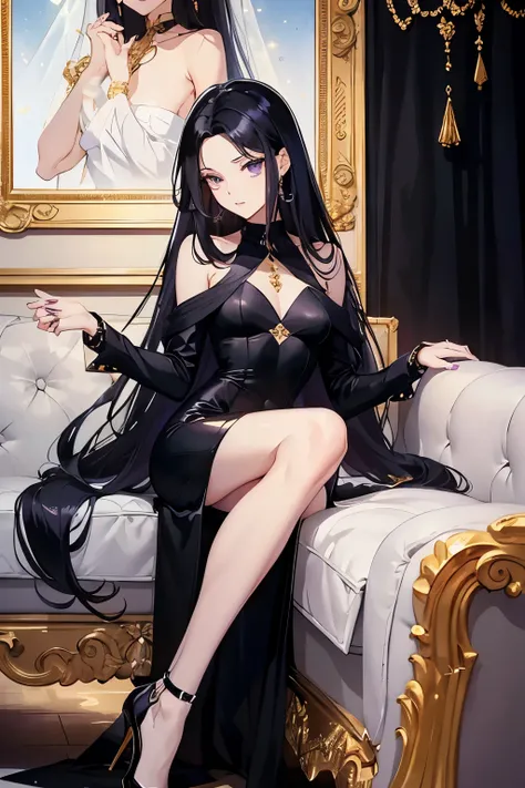 Realistic manhwa poster in minimalist oil painting. A girl, beautiful, Skinny body, long black hair with curls, violet eyes with golden sparkles, abundant eyelashes, long black nails, wear a wedding ring with a black diamond. Wear a black dress, wear high ...